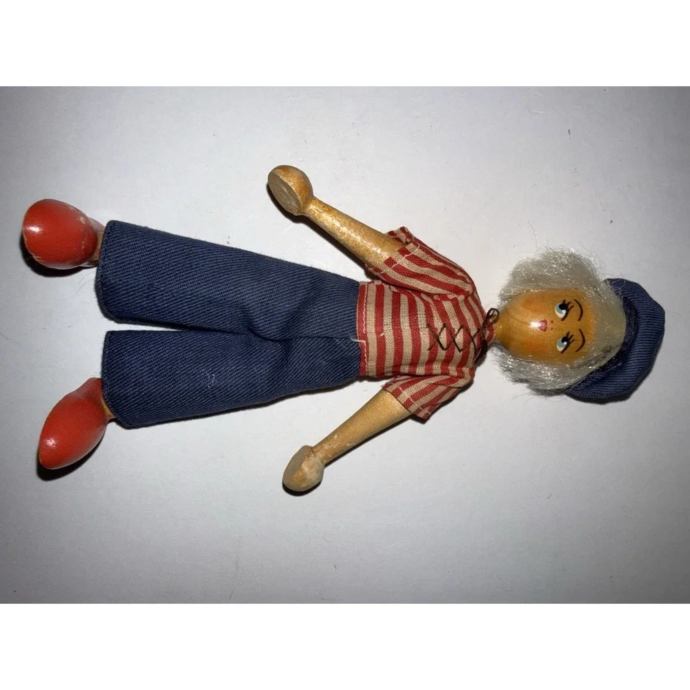 VTG Wooden Jointed Sailor Girl Doll with Hat